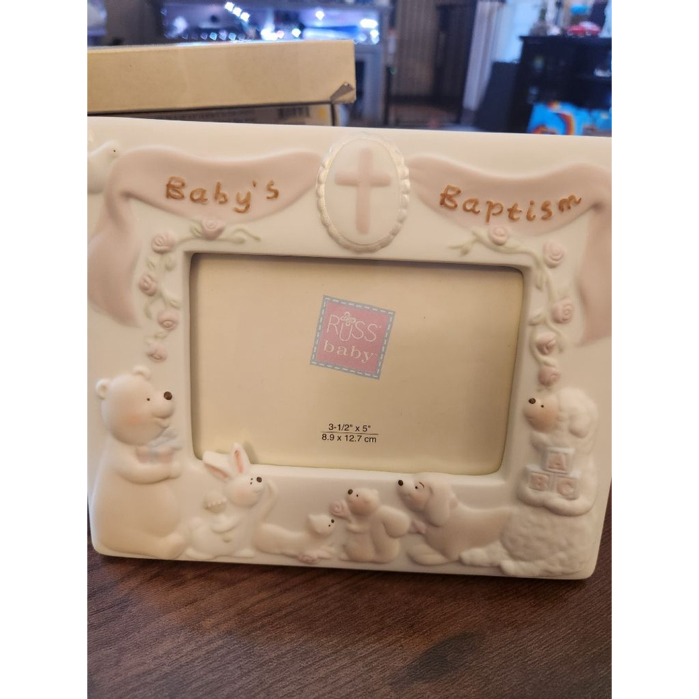Russ Berrie Baby White Pink Baptism Picture Frame